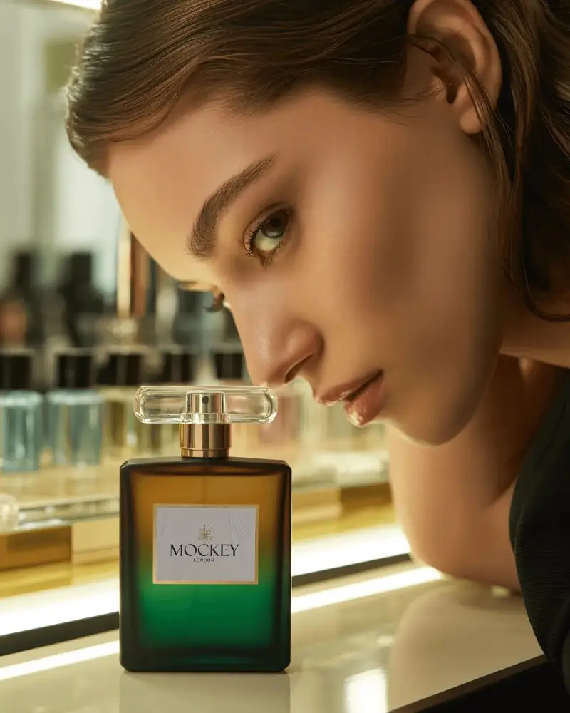 Luxury Perfume Mockup With Model Leaning Toward Elegant Green Gradient Bottle On Vanity