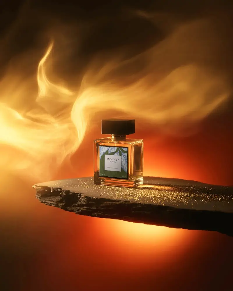 Fiery Luxury Perfume Mockup With Golden Smoke Swirl And Glass Bottle On Textured Stone