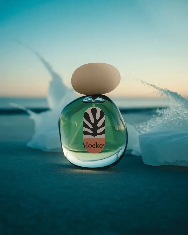 Serene Coastal Perfume Mockup With Organic Stone Cap And Splashing Waves At Sunrise