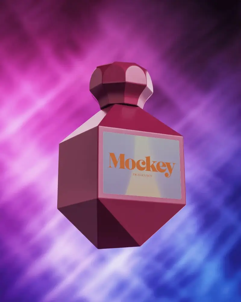 Vibrant Geometric Perfume Mockup With Faceted Red Bottle On Purple Blue Gradient Backdrop