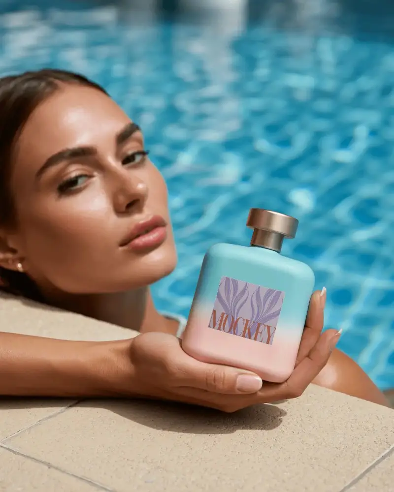 Summer Poolside Perfume Mockup With Pastel Bottle Held By Model In Bright Aqua Setting