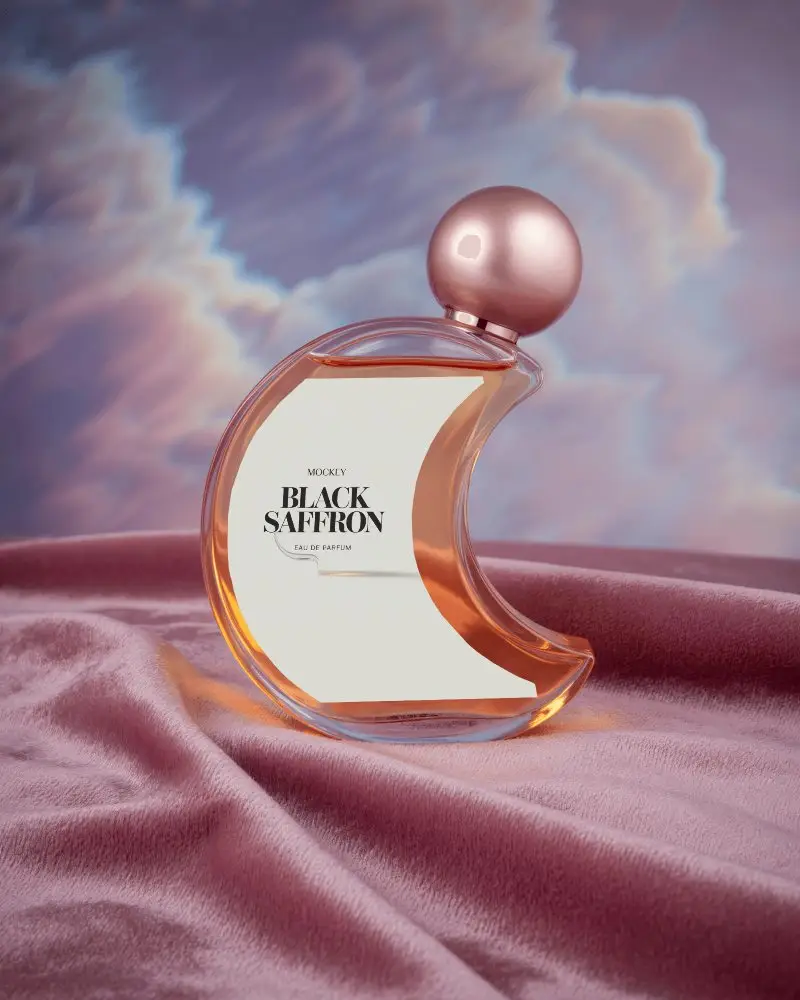 Dreamy Moon Shaped Perfume Mockup With Rose Gold Cap On Soft Velvet Surface