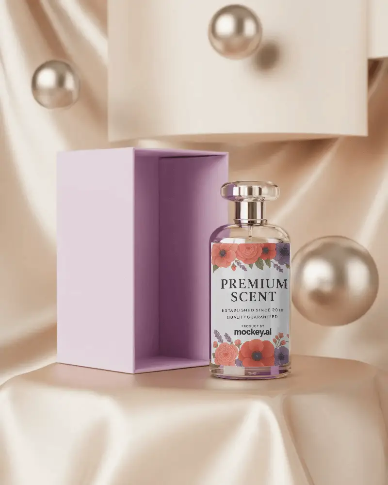 Premium Fragrance Mockup With Glass Bottle And Open Box On Pearl Satin Fabric For Luxury Cosmetic Campaigns