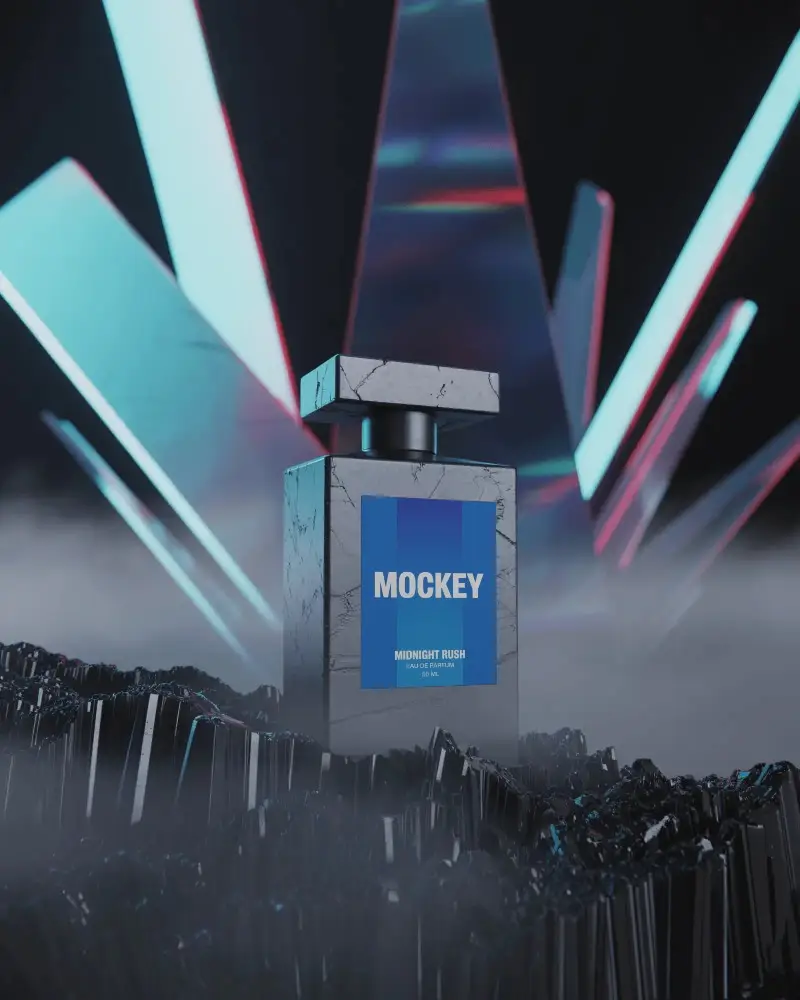 Marble Texture Perfume Mockup With Futuristic Neon Crystal Backdrop And Misty Atmosphere