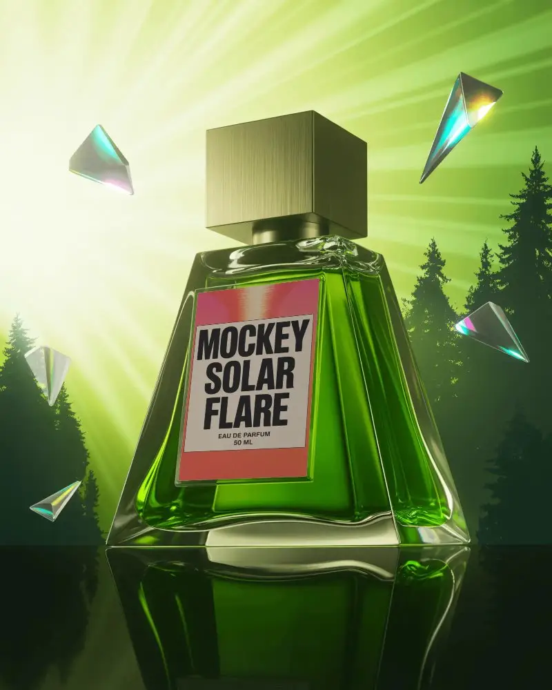 Radiant Forest Perfume Mockup With Green Glass Bottle And Floating Iridescent Crystals