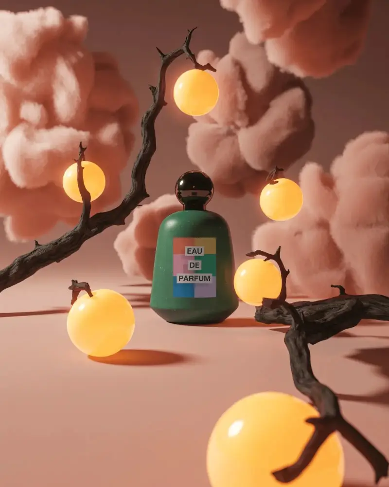 Whimsical Garden Perfume Mockup With Green Bottle Amid Glowing Orbs And Soft Cloud Forms