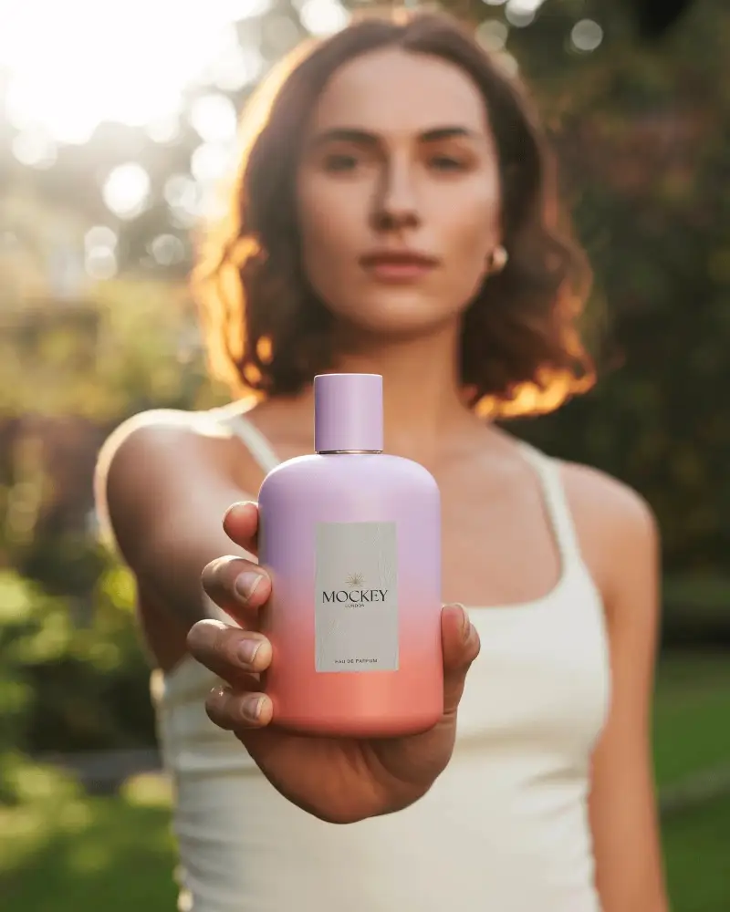 Soft Pastel Perfume Mockup Held Forward In Sunlit Garden Setting Warm Natural Light