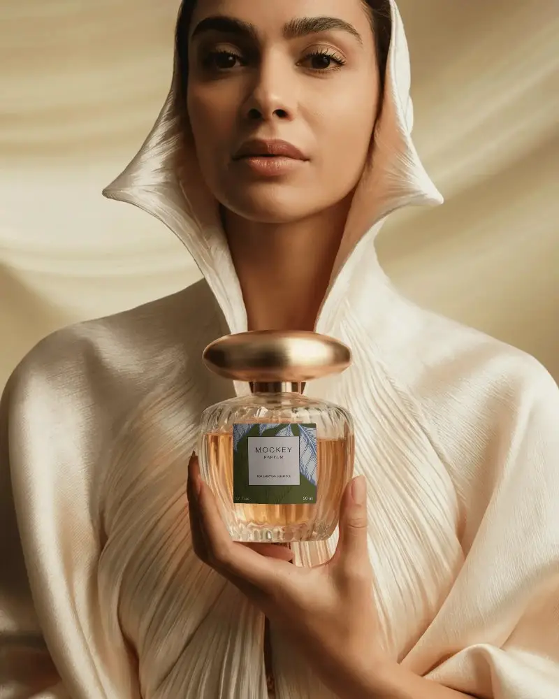Luxury Glass Perfume Bottle Mockup With Metallic Cap Held By Elegant Woman In Fashion