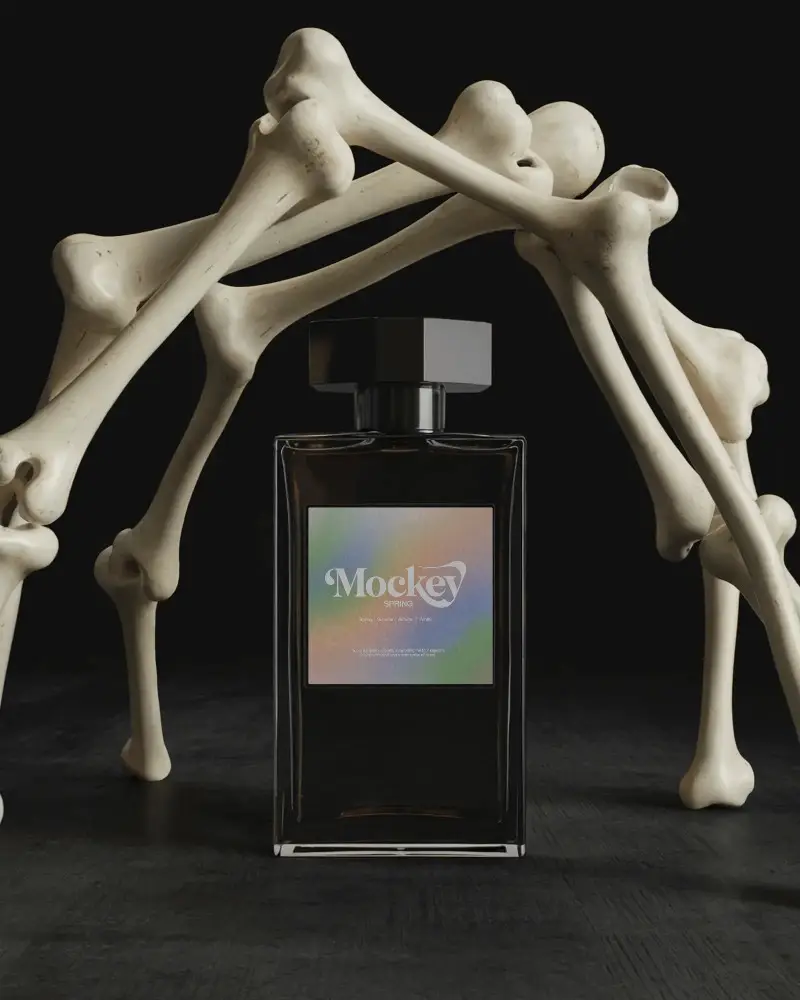 Dark Elegant Perfume Bottle Mockup With Bone Structure Arena For Mysterious Fragrance Display