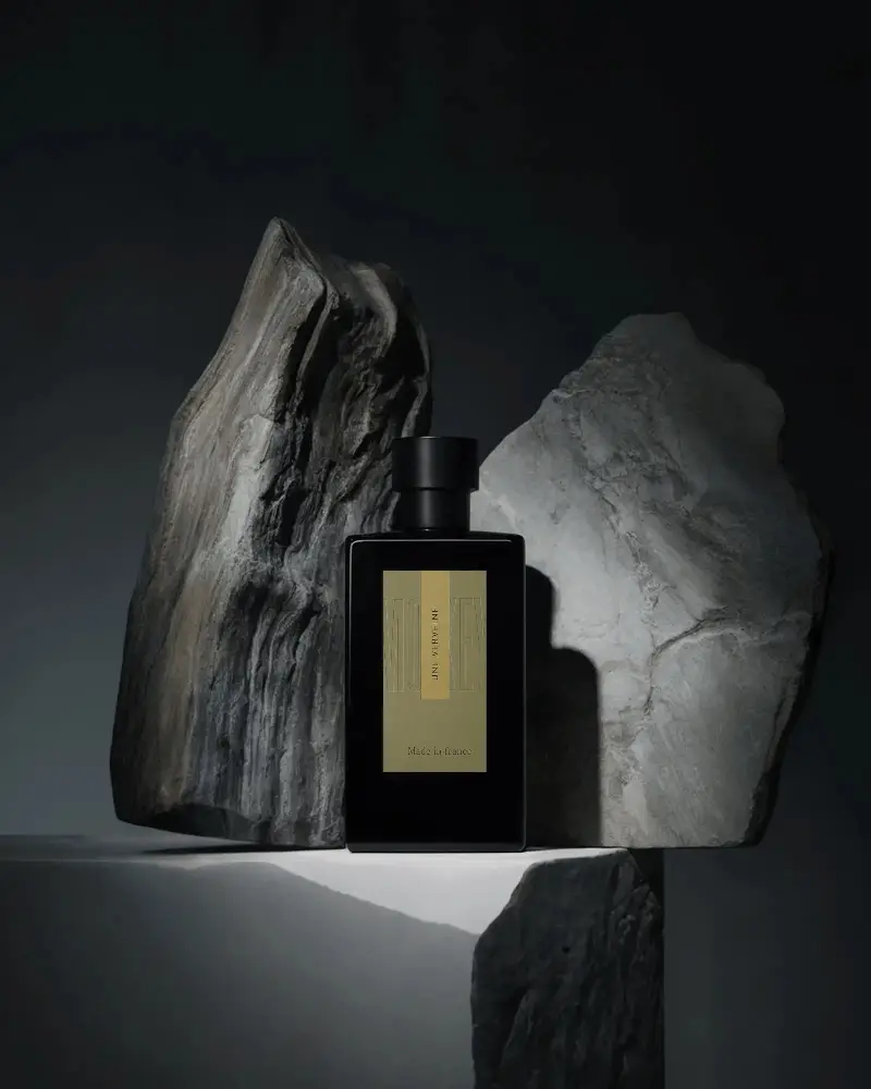 Luxury Perfume Bottle Mockup With Stone Texture Background Elegant Black Glass Design