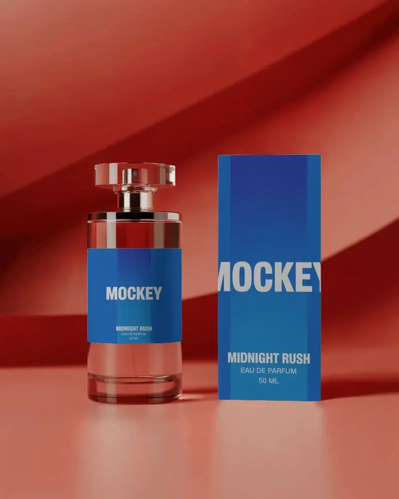 Luxury Perfume Mockup Glass Bottle With Box On Red Satin Background Premium Product Shot