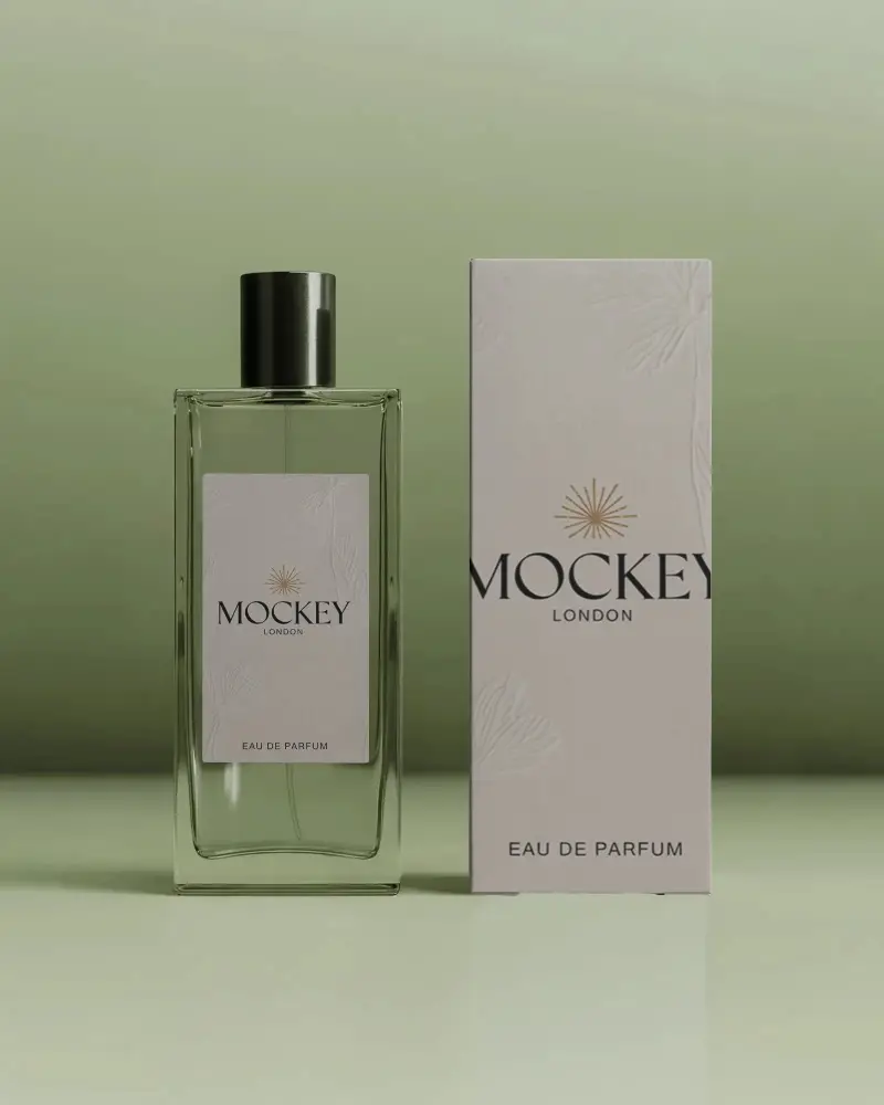 Minimalist Perfume Mockup Clear Glass Bottle With Box Soft Green Studio Background