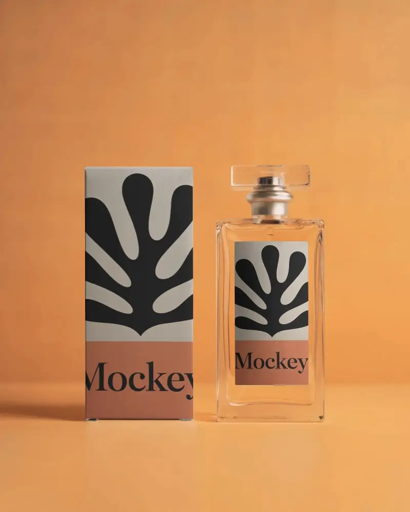 Premium Perfume Mockup Transparent Bottle And Rectangular Box Clean Lighting Orange Studio