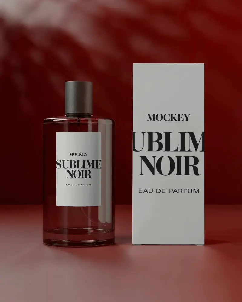 Dark Red Perfume Mockup Glass Bottle With Box Moody Luxury Studio Lighting