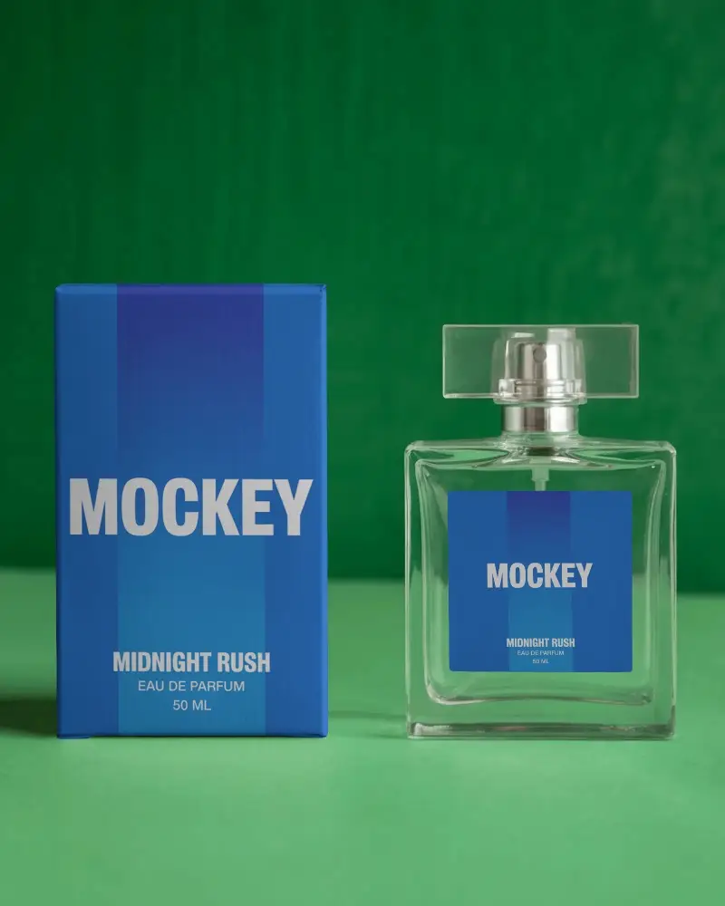 Minimalist Perfume Mockup Clear Square Bottle And Box On Rich Green Background