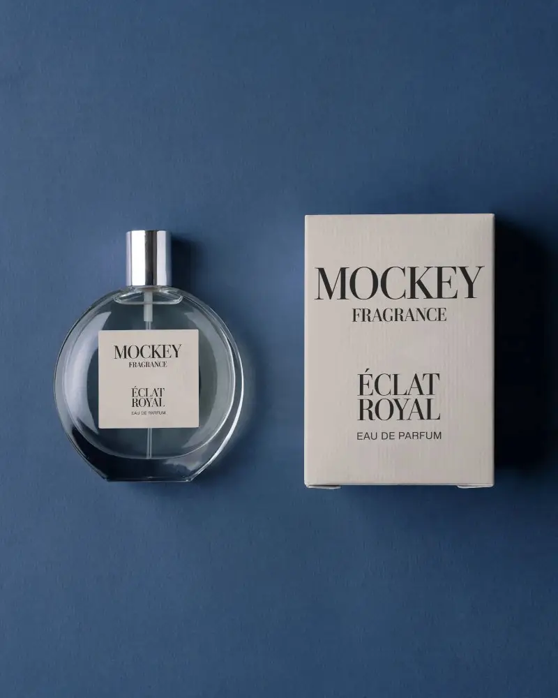 Blue Studio Perfume Mockup Round Glass Bottle With Box Clean Minimal Product Display