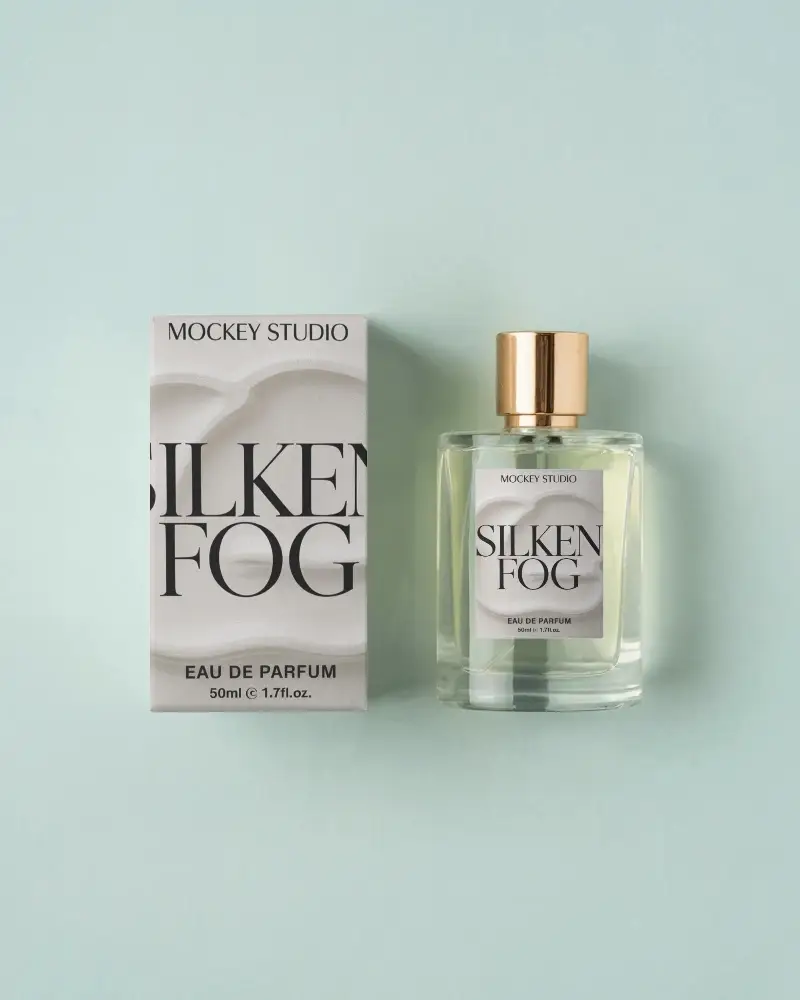 Luxury Perfume Mockup Transparent Bottle Packaging Light Blue Ecommerce Scene