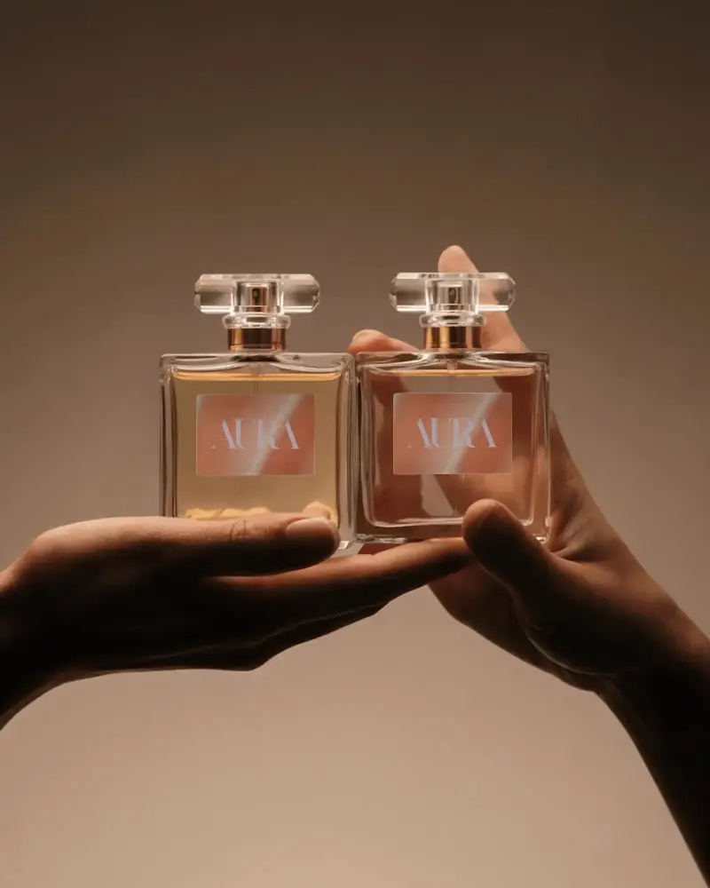 Hand Held Perfume Mockup Dual Glass Bottles Warm Beige Background Soft Studio Light