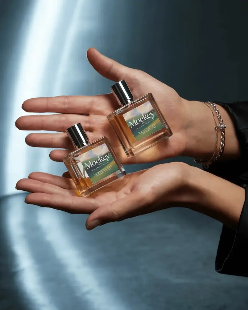 Hand Held Perfume Mockup Dual Square Glass Bottles Soft Cinematic Light Luxury Style