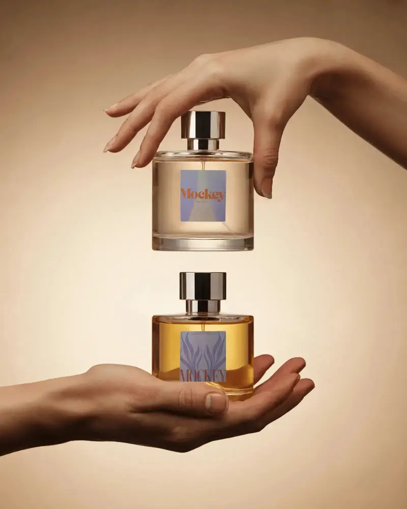 Levitating Perfume Mockup Dual Glass Bottles Held Between Hands Warm Beige Studio Light