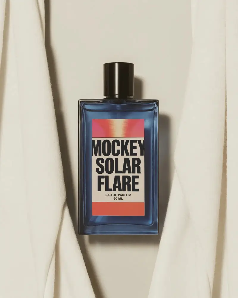 Minimalist Perfume Mockup Blue Glass Bottle Framed By Soft White Fabric Studio Light