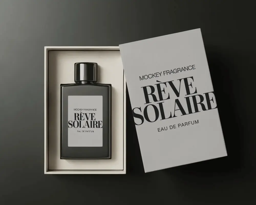 Luxury Perfume Mockup Black Glass Bottle In Open Box Minimal Dark Studio Style