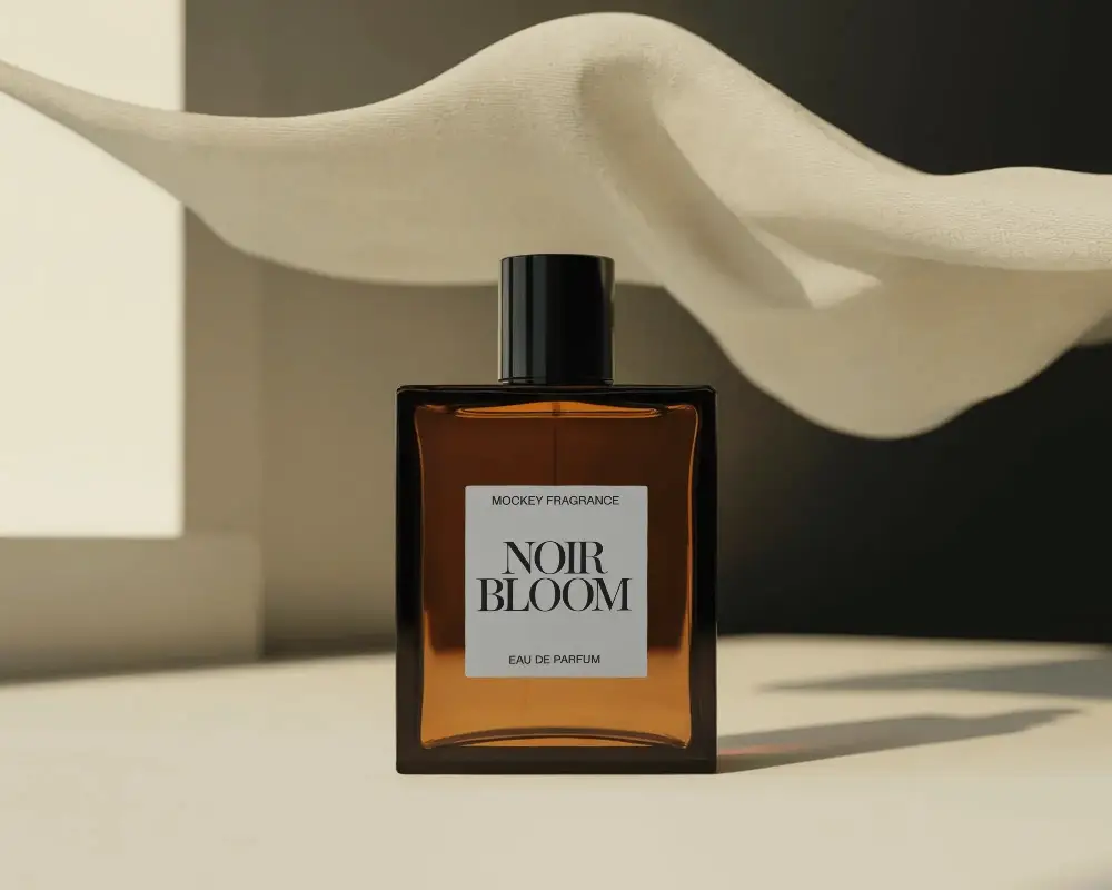 Minimalist Perfume Mockup Amber Glass Bottle With Floating Fabric Soft Studio Light