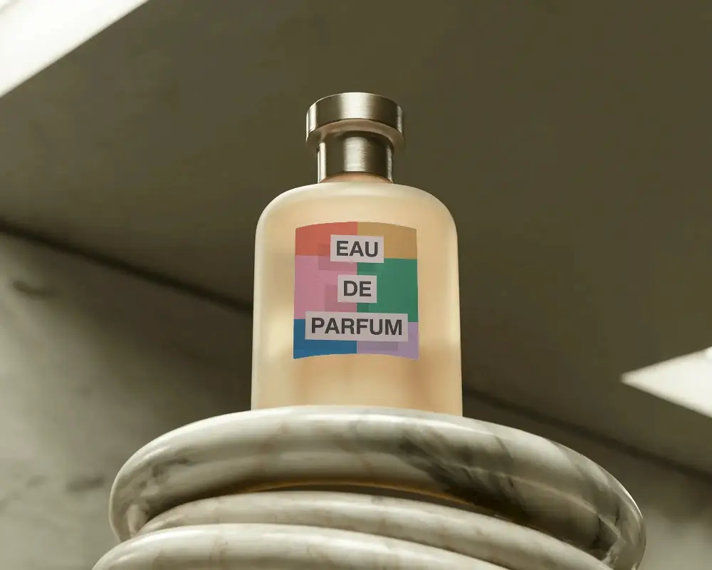 Architectural Perfume Mockup Glass Bottle On Marble Pedestal Modern Gallery Light