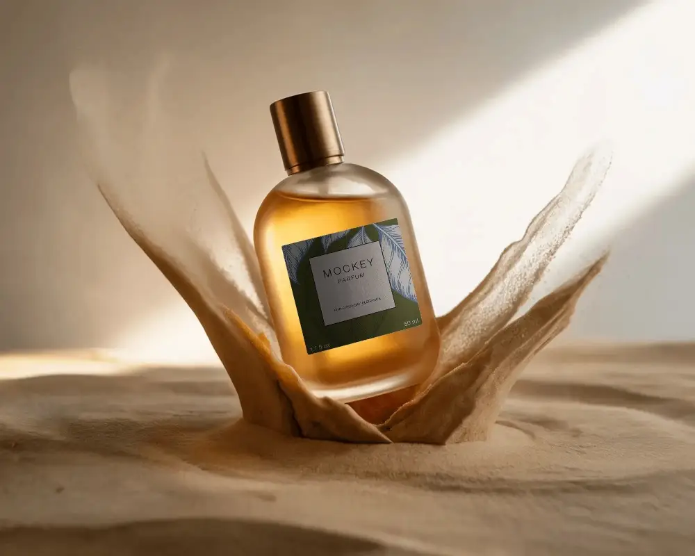 Luxury Perfume Mockup Glass Bottle Emerging From Sand Dramatic Natural Studio Light