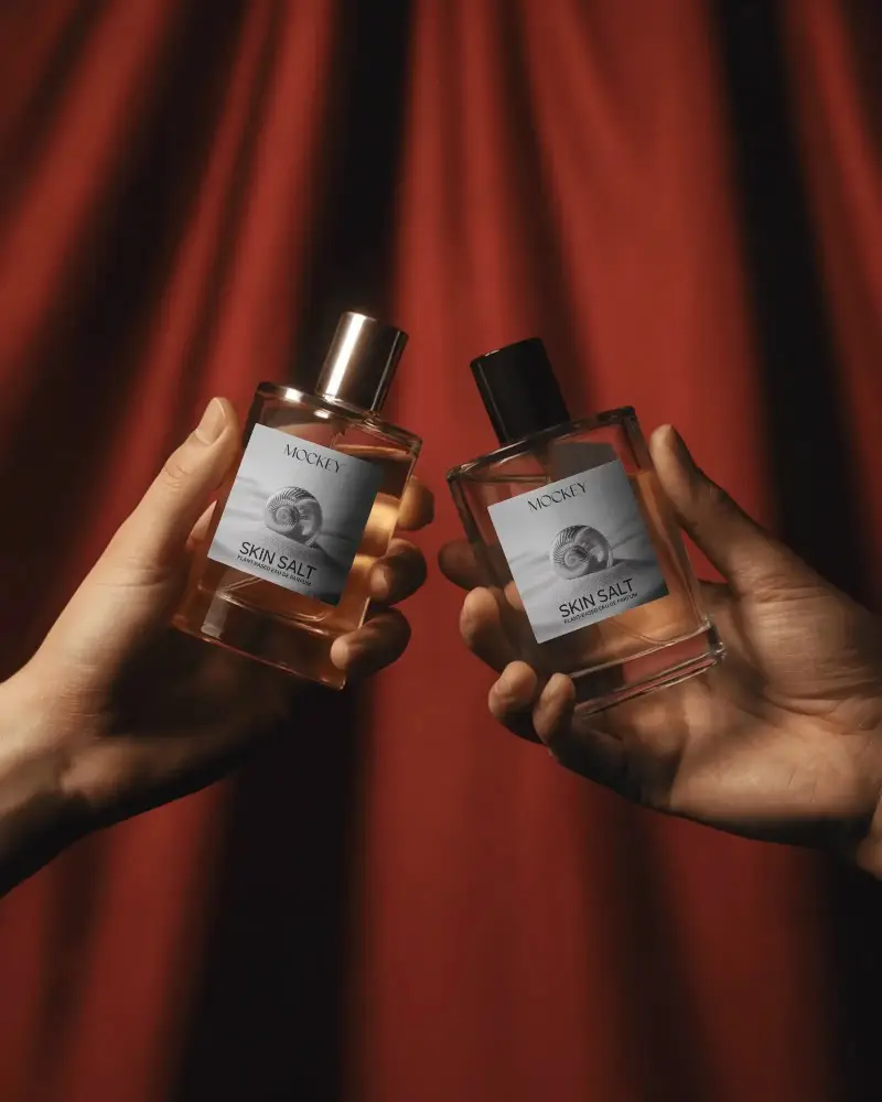 Hand Held Perfume Mockup Dual Glass Bottles Against Red Curtain Cinematic Studio Light