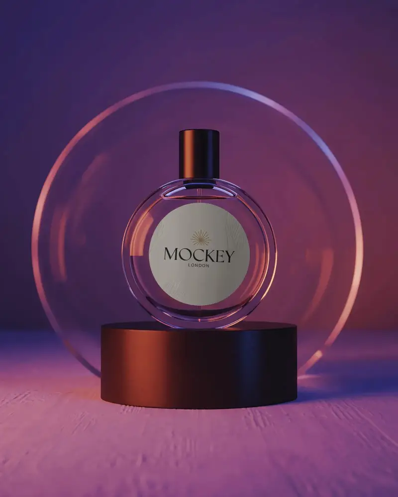 Luxury Round Perfume Bottle Mockup On Elegant Stand With Transparent Ring Modern Style