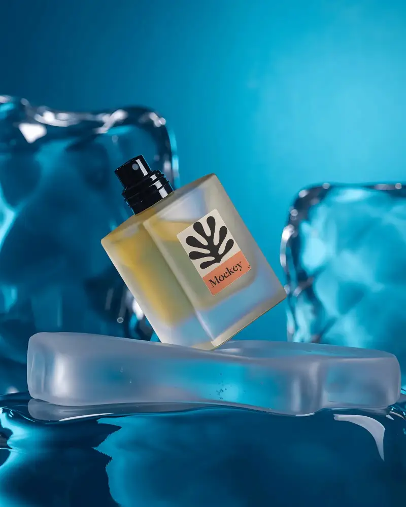 Luxury Fragrance Perfume Bottle Mockup With Cool Ice Blocks For Modern Perfume Packaging Design