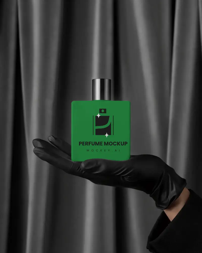 Moody Elegance Perfume Mockup Of Square Bottle Suspended By Gloved Hand Against Rich Dark Fabric Folds