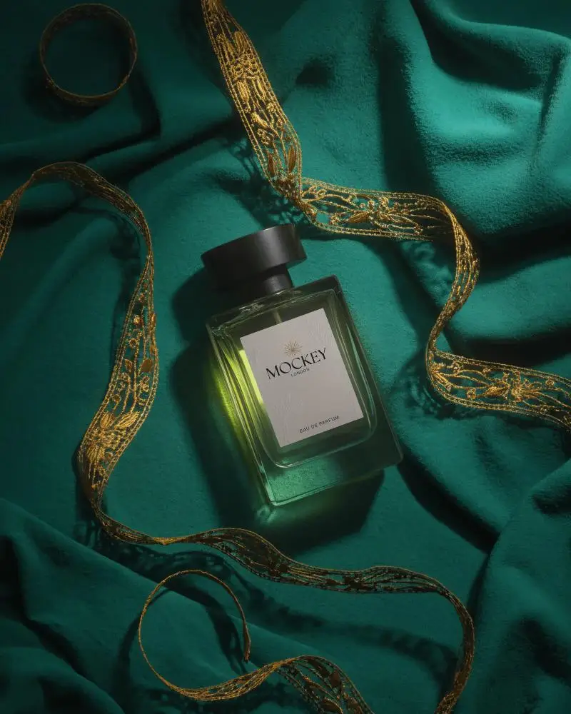 luxury-perfume-mockup-glass-bottle-on-emerald-fabric-with-golden-ribbon