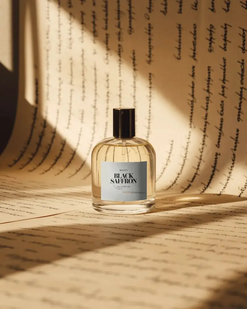 Vintage Perfume Mockup Glass Bottle On Handwritten Script Background