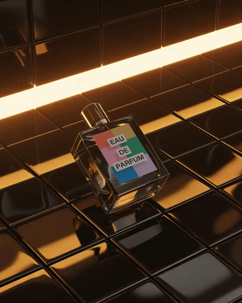 Luxury Perfume Mockup Glass Bottle On Glossy Black Tile With Golden Neon Light