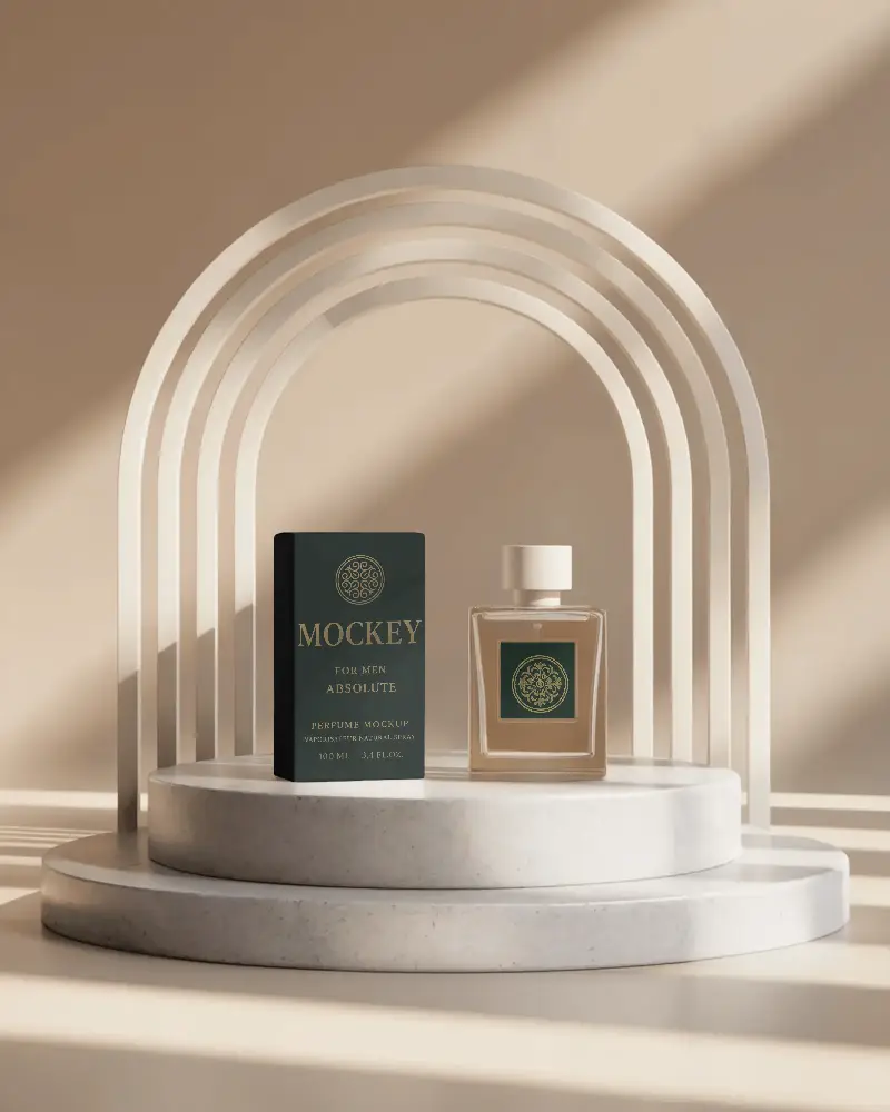 Elegant Arched Podium Perfume Mockup Featuring Bottle And Box In Soft Warm Light Perfect For Luxury Brand Display