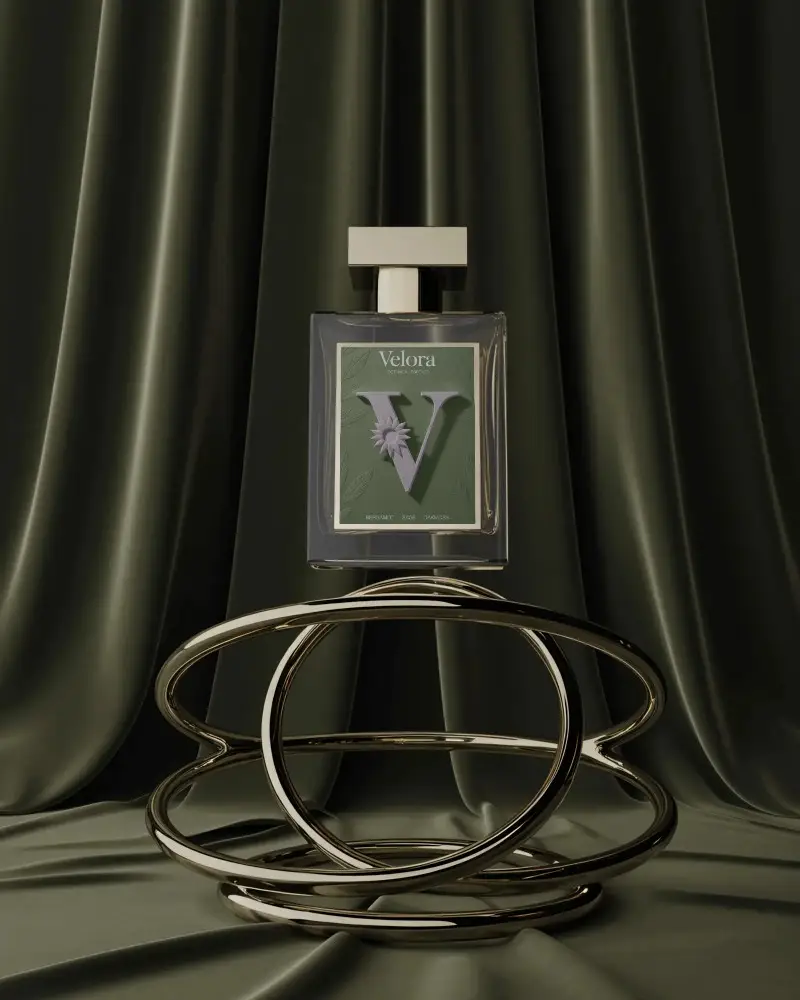 luxury-perfume-bottle-mockup-on-metal-stand-with-dark-green-drapes-stylish-presentation
