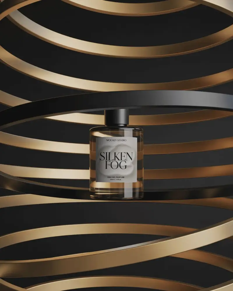 luxury-perfume-mockup-dark-glass-with-black-cap-on-golden-abstract-spiral-background