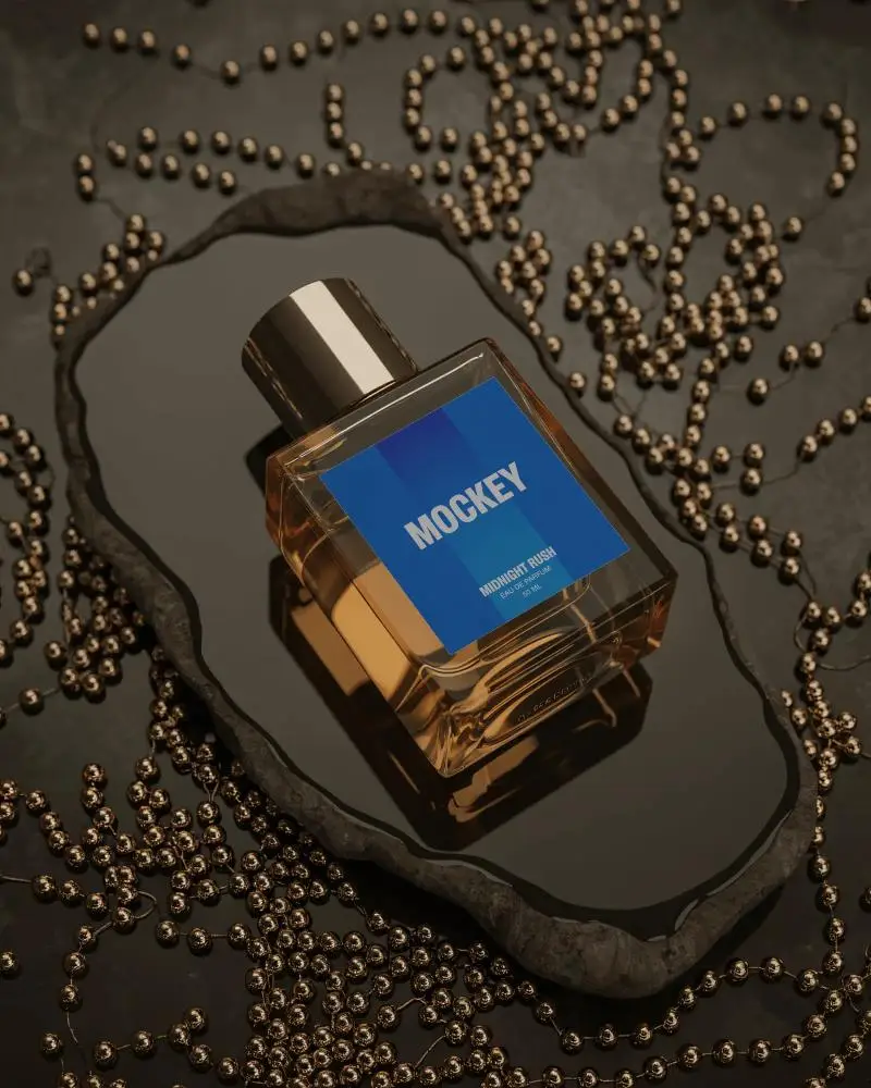 luxury-perfume-mockup-amber-glass-on-stone-tray-with-metallic-golden-bead-decoration