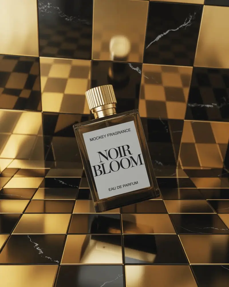 luxury-perfume-mockup-square-glass-on-golden-checkered-tile-background-stylish-shot