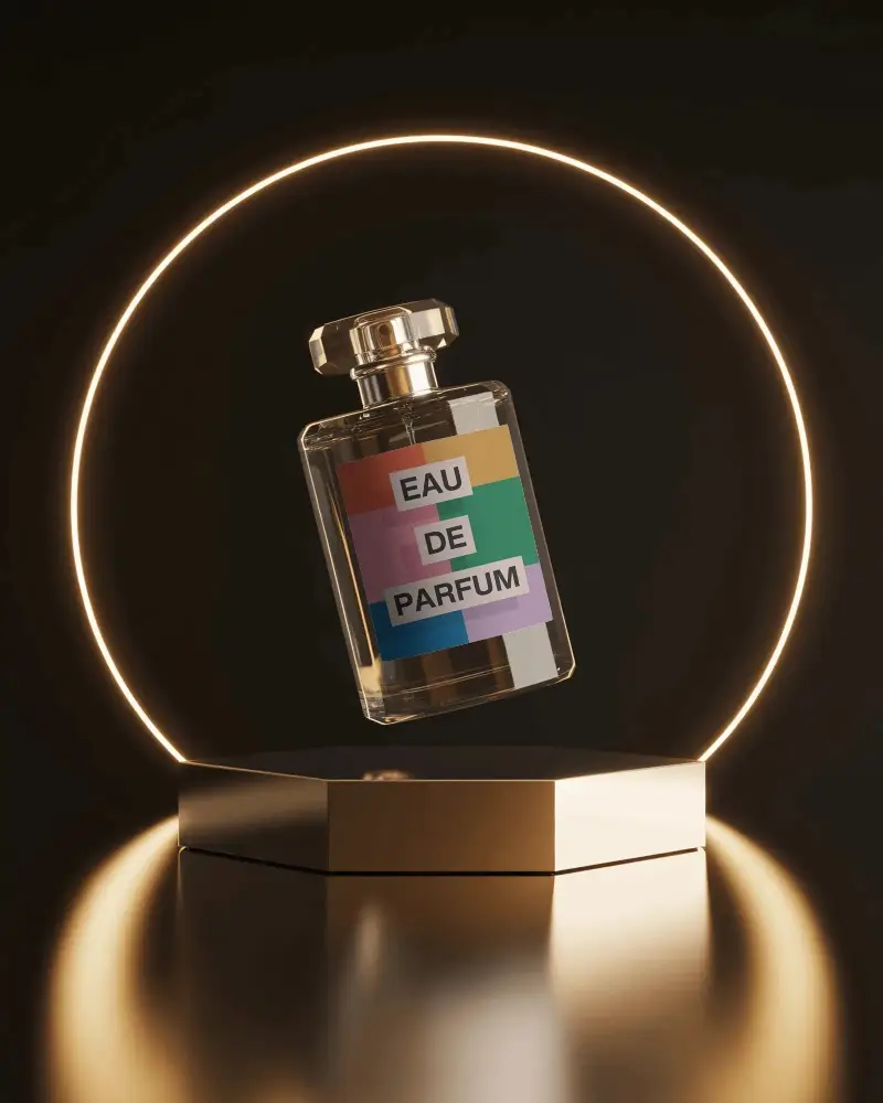 Luxury Perfume Mockup Floating On Golden Pedestal With Illuminated Circle Light Ring