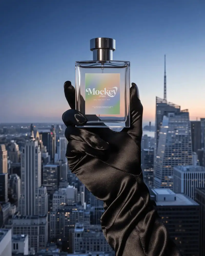 luxury-perfume-mockup-glass-bottle-held-in-black-glove-with-city-skyline-and-sunset-background