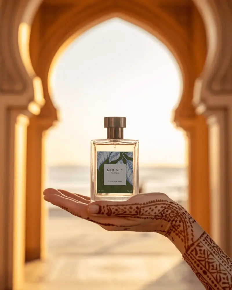 luxury-perfume-mockup-glass-bottle-on-hand-with-henna-designs-under-golden-archway-at-sunset-view