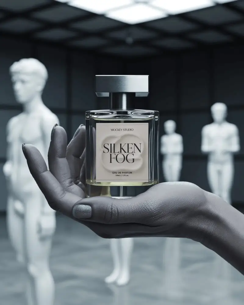 modern-perfume-mockup-glass-bottle-held-in-hand-with-silver-nails-amid-white-mannequin-sculptures