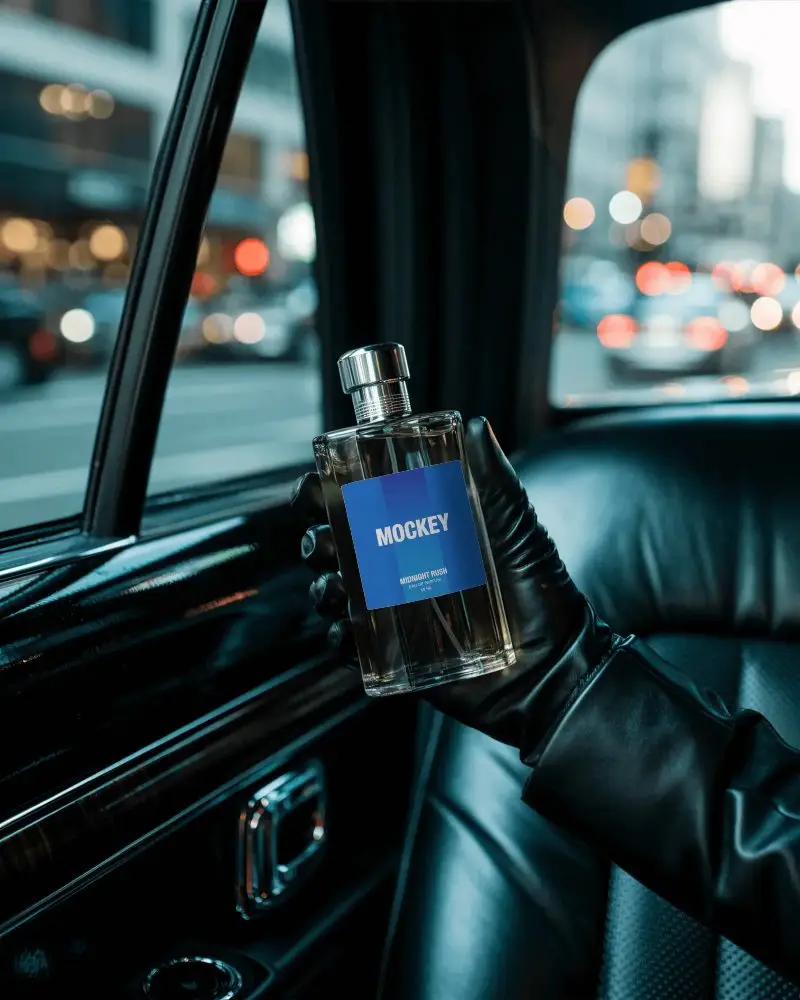 luxury-perfume-mockup-glass-bottle-held-in-black-leather-glove-inside-car-with-city-street-view