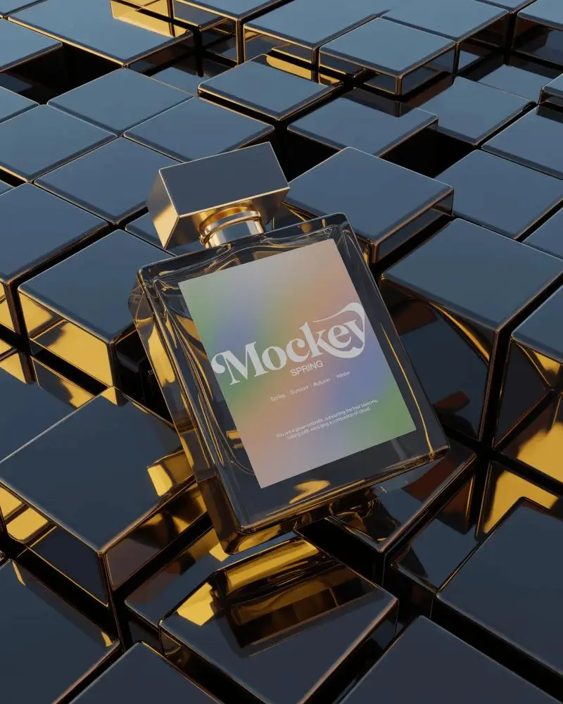 luxury-perfume-bottle-mockup-lying-on-reflective-golden-cube-surface-modern-abstract-scene