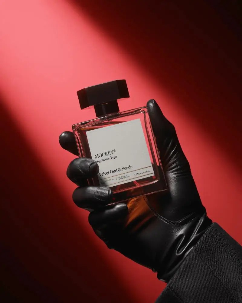 luxury-perfume-bottle-mockup-held-in-black-leather-glove-with-red-background-dramatic-lighting