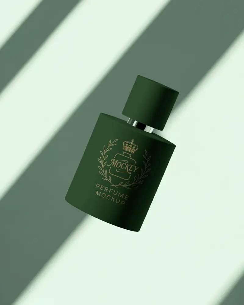 Floating Perfume Mockup Against Soft Mint Striped Background
