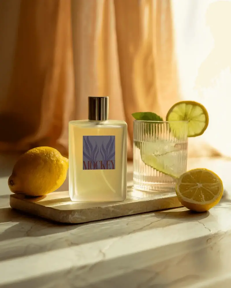 luxury-perfume-bottle-mockup-with-lemon-slices-and-drink-on-marble-surface-fresh-citrus-display